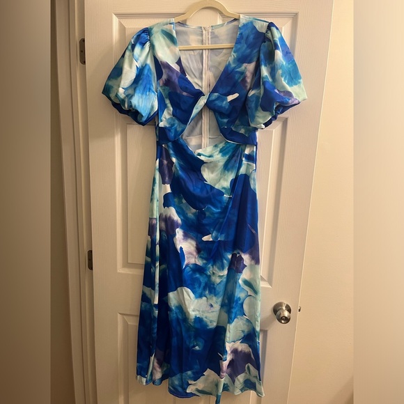 NEW! TOPERTH BLUE FLORAL V-NECK TWIST ACCENT MIDI DRESS - Picture 4 of 6